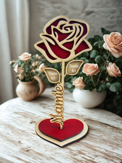 🌹 Rose personnalisée en bois & acrylique rouge – Prénom au choix