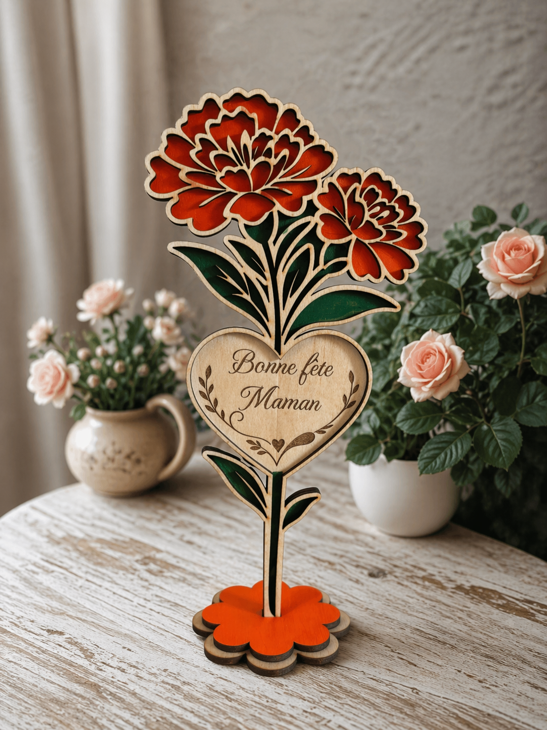 🌹 Rose personnalisée en bois & acrylique rouge – Prénom au choix