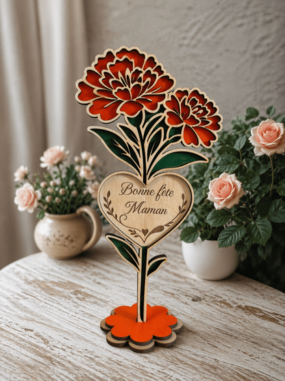 🌹 Rose personnalisée en bois & acrylique rouge – Prénom au choix