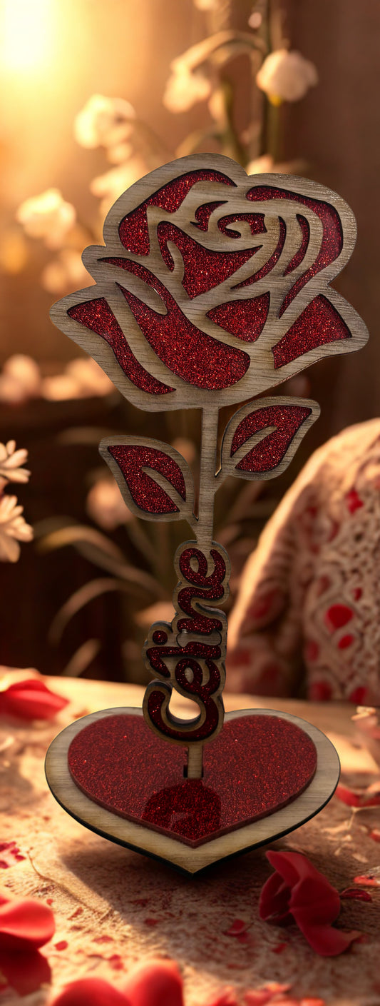 🌹 Rose personnalisée en bois & acrylique rouge – Prénom au choix